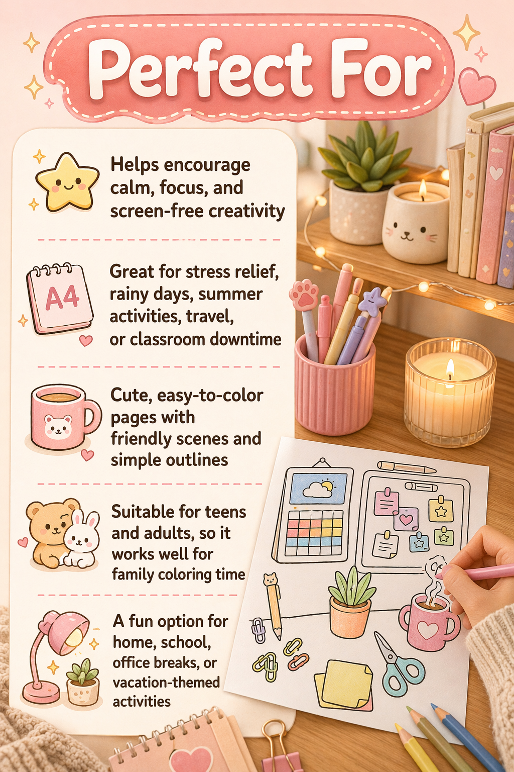 Cozy Coloring Kawaii Desk PDF | Stress-Relief for Your Workspace
