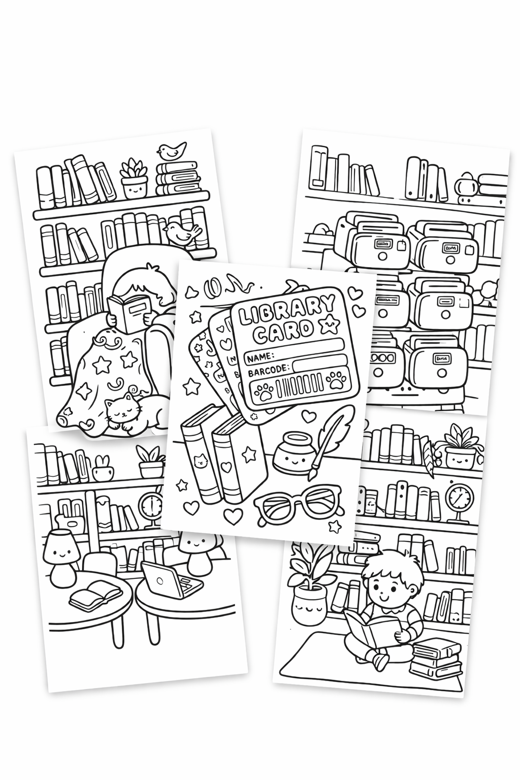 Cozy Library Kawaii Coloring Pages | Stress-Relief PDF Printables