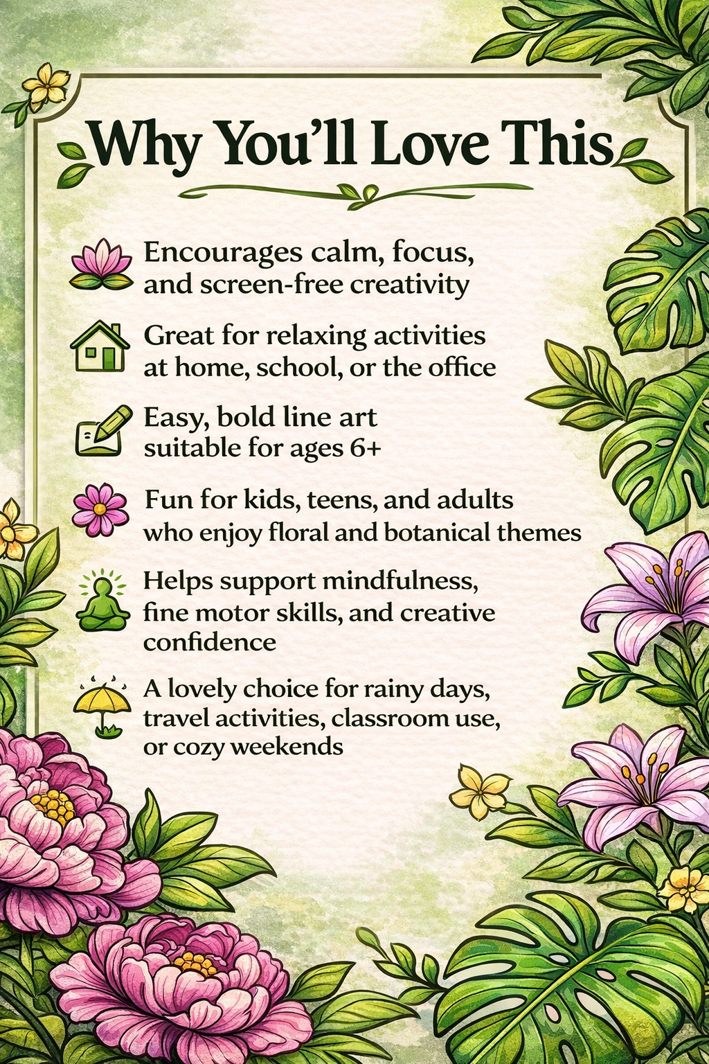 Flowers & Leaves Cozy Coloring Pages | 45 Relaxing PDF Printables