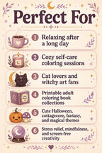 Witchy Cat Coloring Pages for Adults | Cozy Kawaii PDF