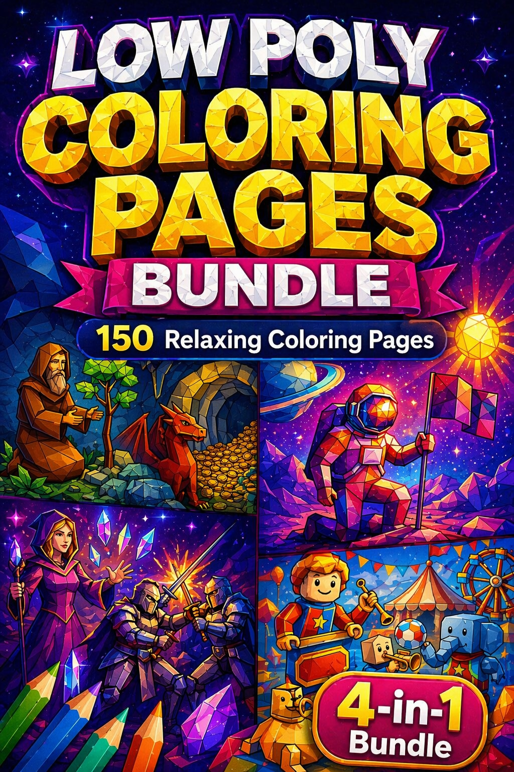 Low Poly Coloring Pages Bundle | 150 Relaxing PDF Prints