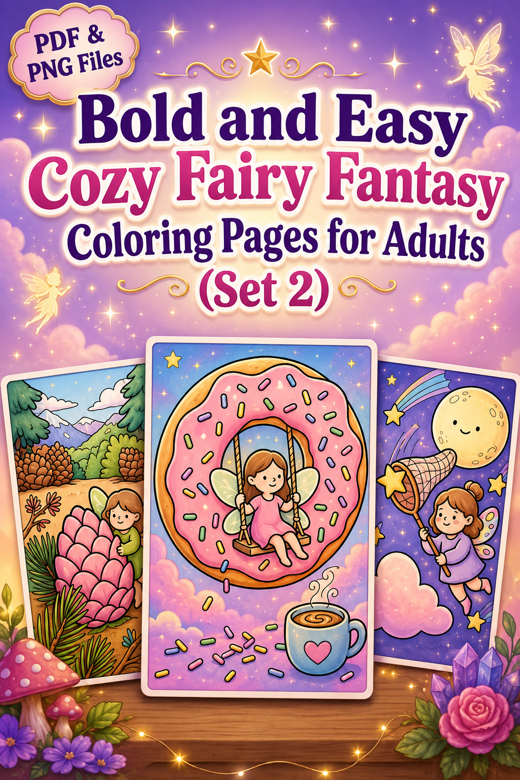 Bold and Easy Cozy Fairy Fantasy Coloring Pages for Adults (Set 2)