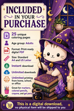 Witchy Cat Coloring Pages for Adults | Cozy Kawaii PDF