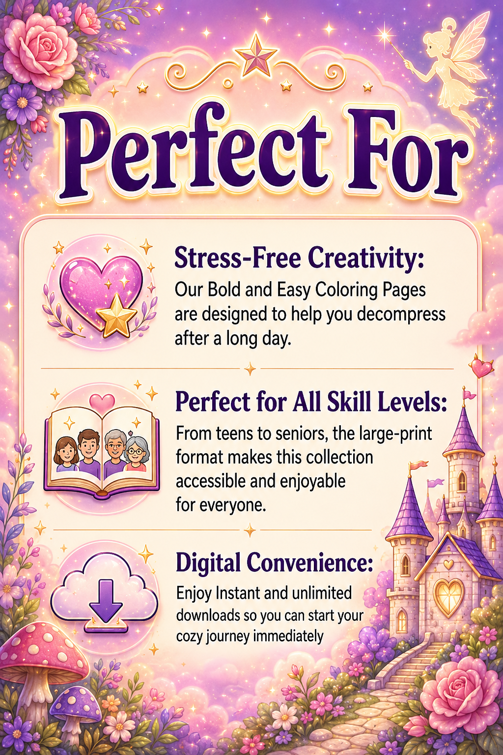 Bold and Easy Cozy Fairy Fantasy Coloring Pages for Adults (Set 2)