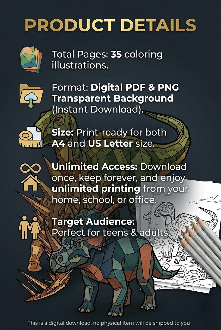 Low Poly Coloring Pages: 35 Geometric Dinosaur PDF Printables for Teens & Adults