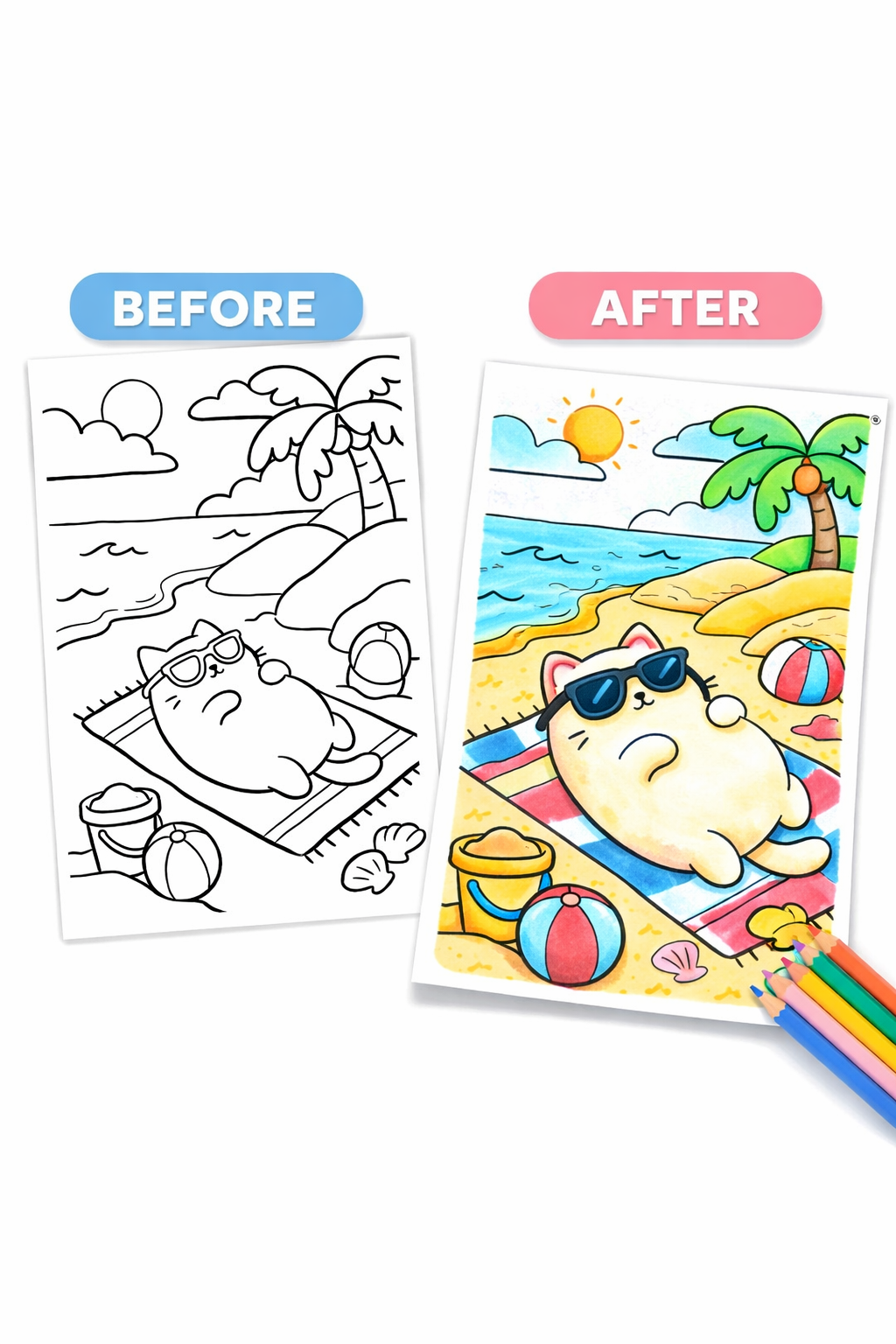 Cozy Coloring Kawaii Beach | PDF Printables for Stress Relief