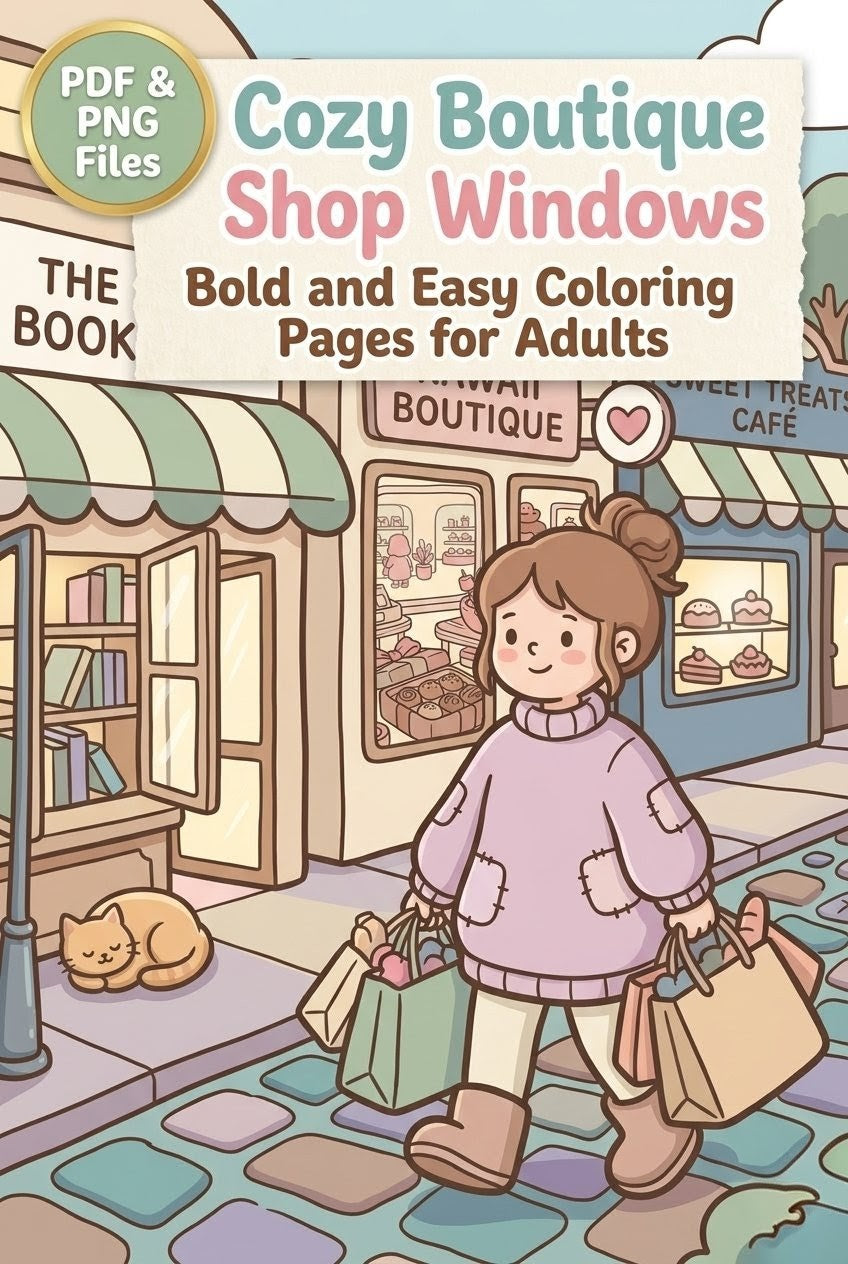 Cozy Boutique Shop Windows: Bold and Easy Coloring Pages for Adults