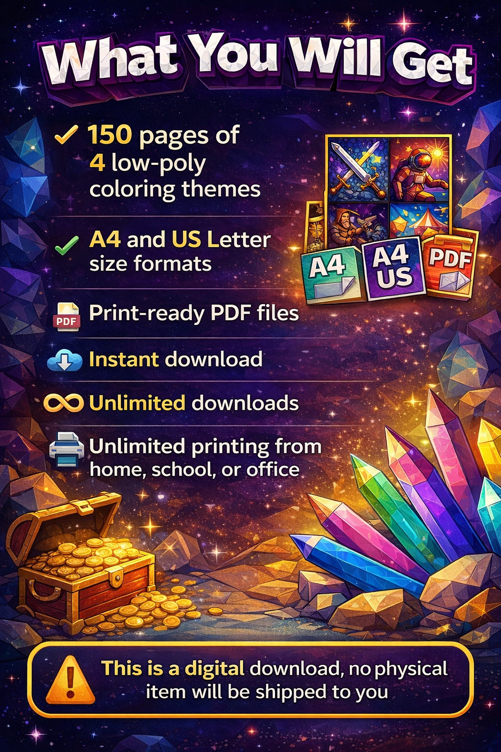 Low Poly Coloring Pages Bundle | 150 Relaxing PDF Prints