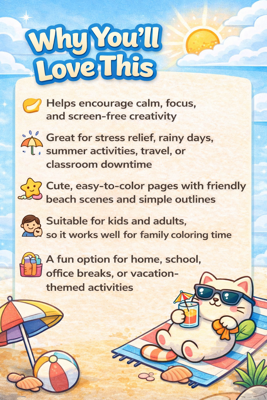 Cozy Coloring Kawaii Beach | PDF Printables for Stress Relief
