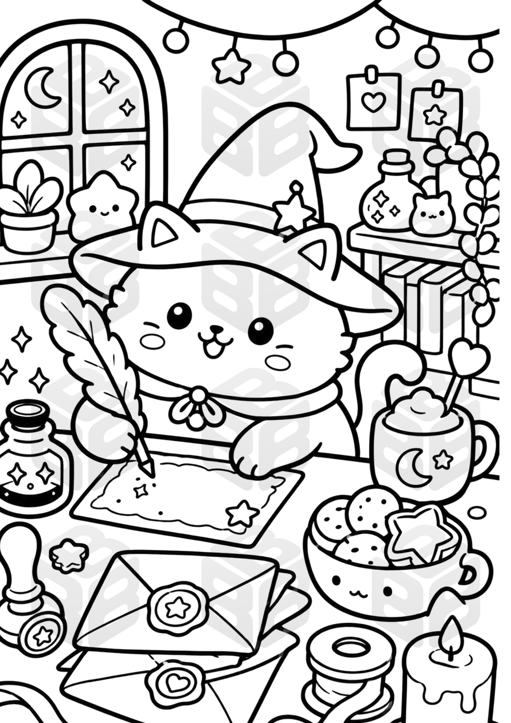 Witchy Cat Coloring Pages for Adults | Cozy Kawaii PDF