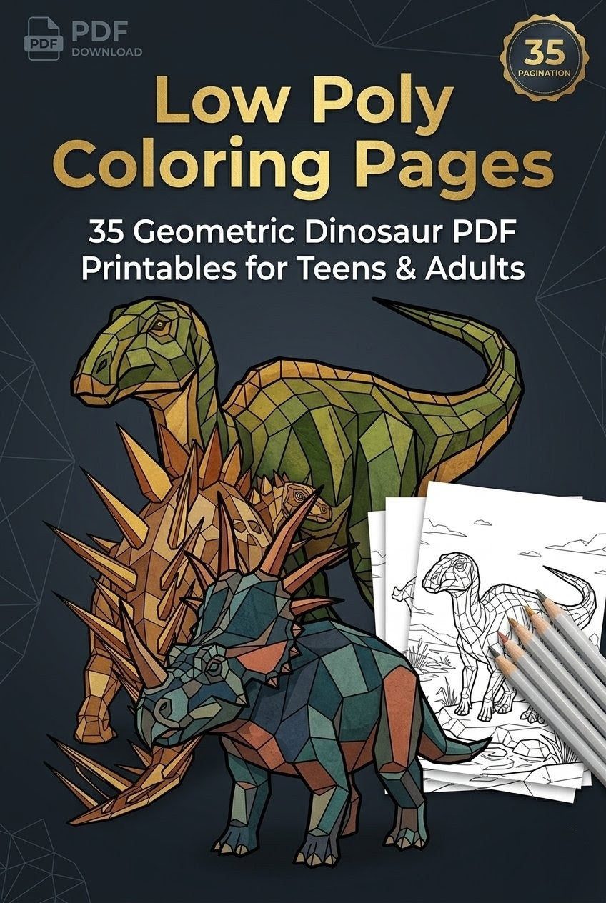 Low Poly Coloring Pages: 35 Geometric Dinosaur PDF Printables for Teens & Adults