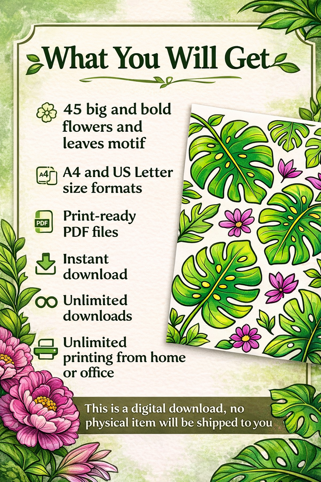 Flowers & Leaves Cozy Coloring Pages | 45 Relaxing PDF Printables