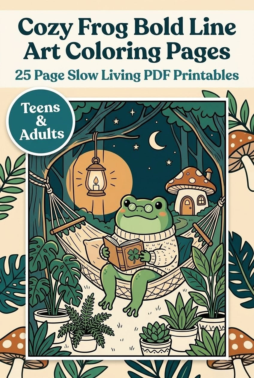 Cozy Frog Bold Line Art Coloring Pages | 25 Page Slow Living PDF Printables