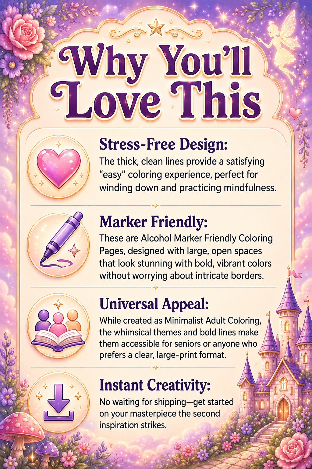 Bold and Easy Cozy Fairy Fantasy Coloring Pages for Adults (Set 2)