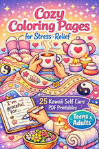 Cozy Coloring Pages for Stress-Relief | 25 Kawaii Self Care PDF Printables