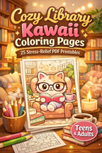 Cozy Library Kawaii Coloring Pages | Stress-Relief PDF Printables
