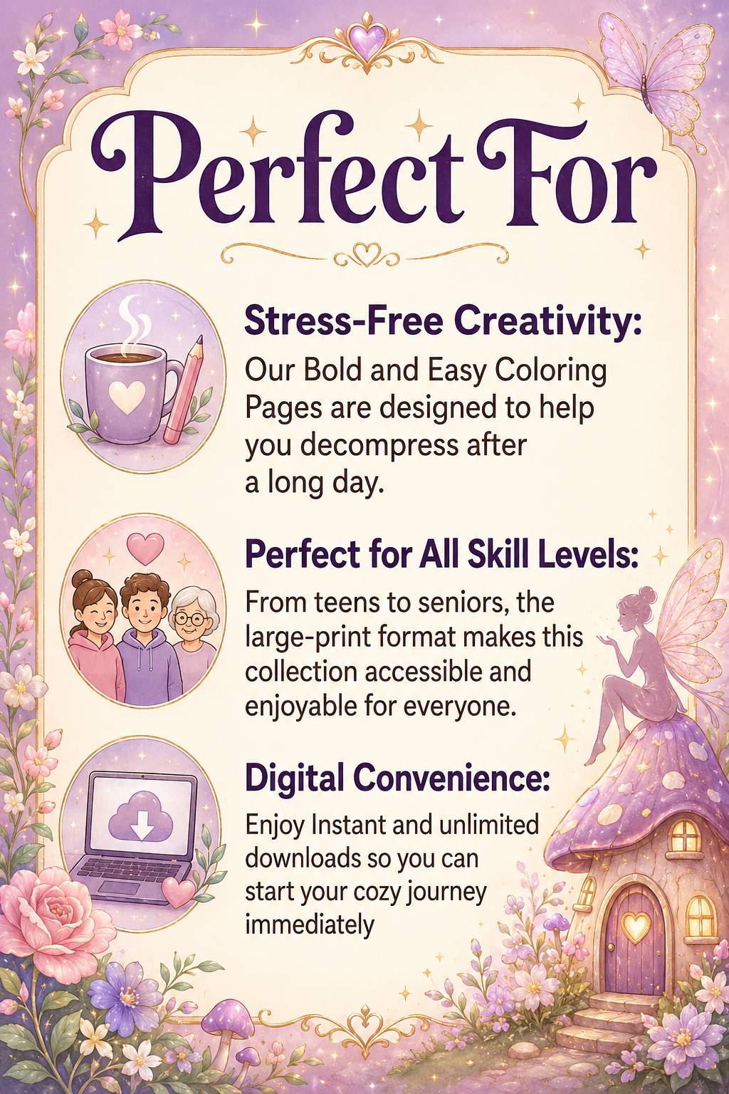 Bold and Easy Cozy Fairy Fantasy Coloring Pages for Adults (Set 1)
