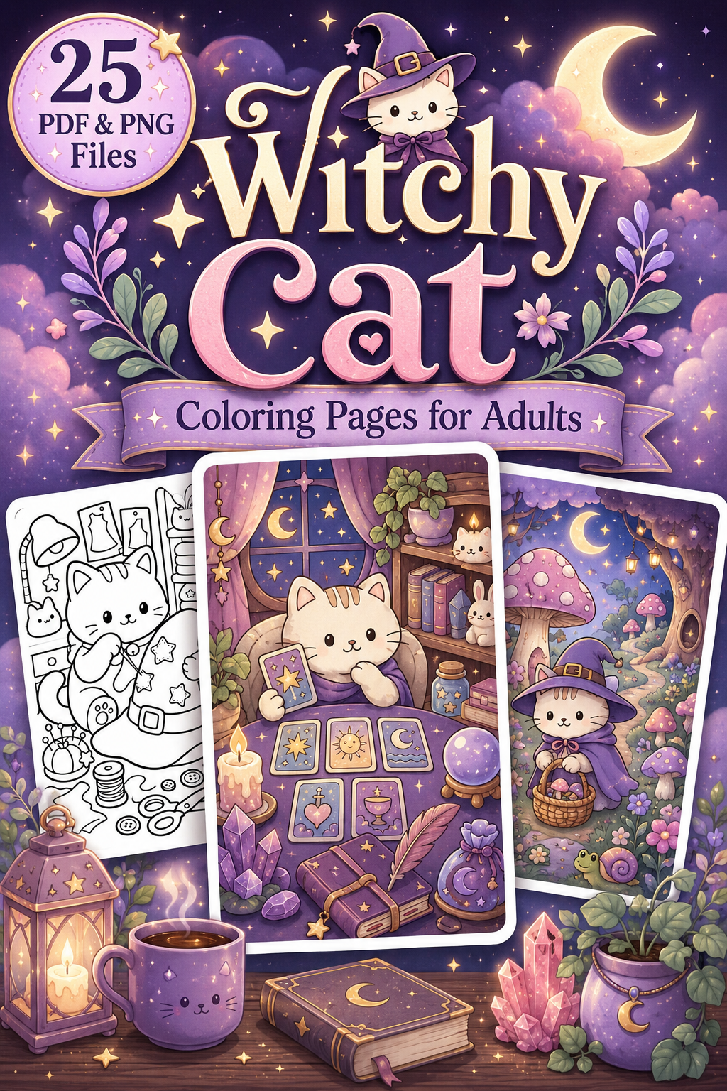 Witchy Cat Coloring Pages for Adults | Cozy Kawaii PDF