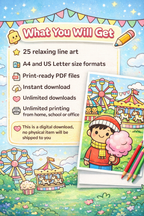 Cozy Coloring Kawaii Funfair | PDF Printables for Stress Relief & Joy