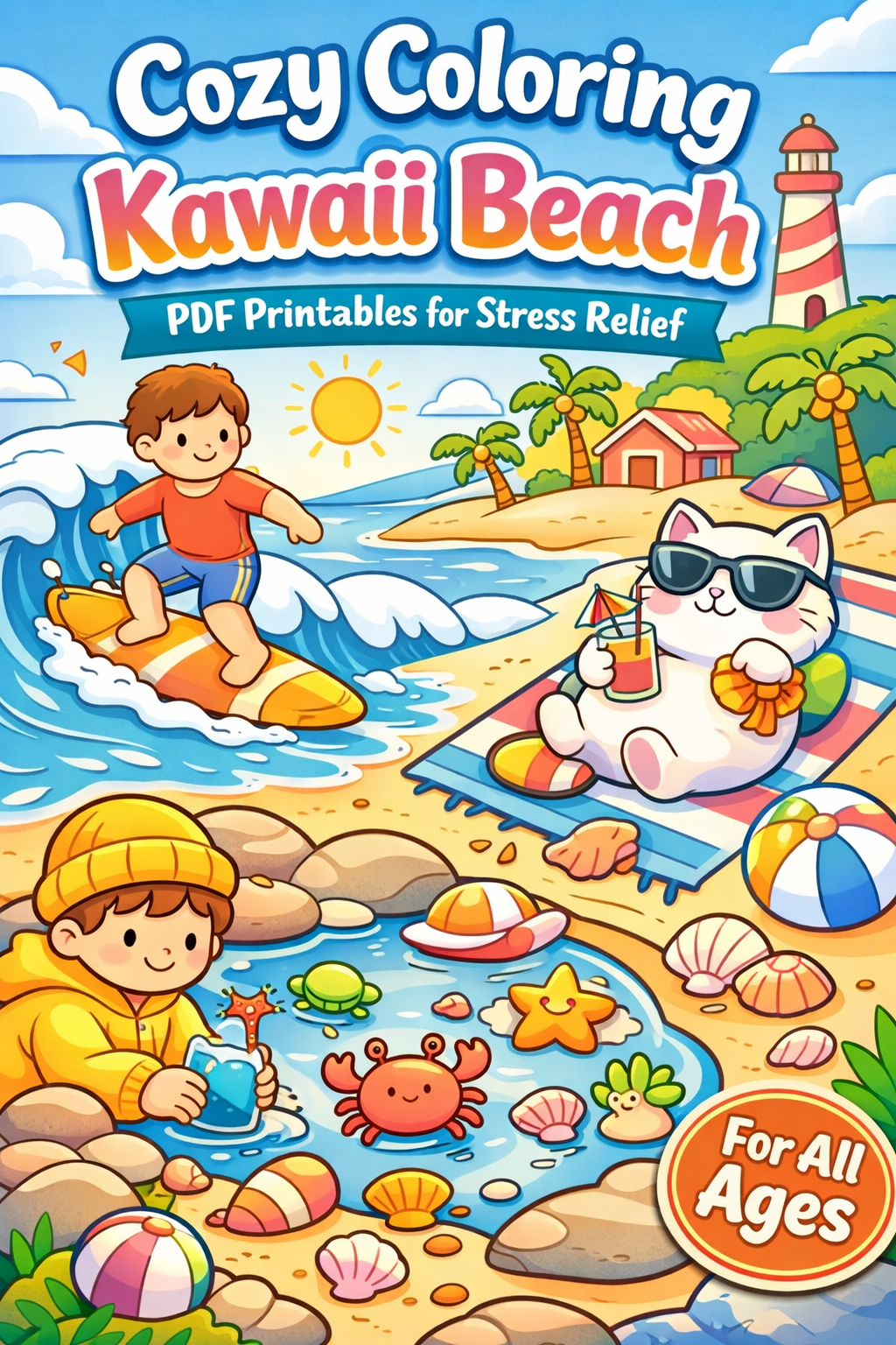 Cozy Coloring Kawaii Beach | PDF Printables for Stress Relief