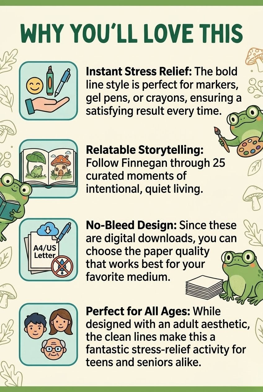 Cozy Frog Bold Line Art Coloring Pages | 25 Page Slow Living PDF Printables