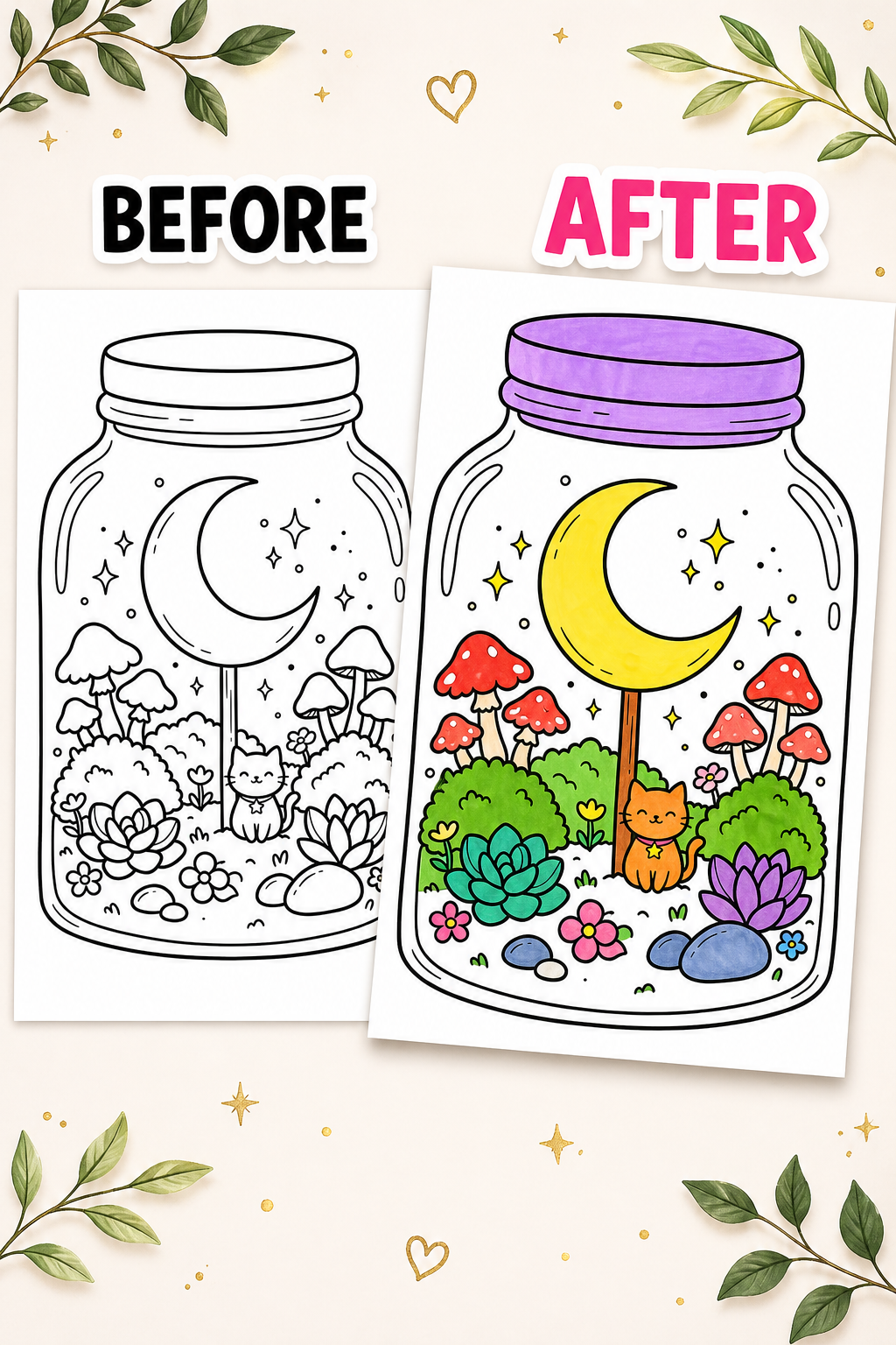 Kawaii Terrarium Coloring Pages: Stress-Free Cottagecore for Adults & Teens
