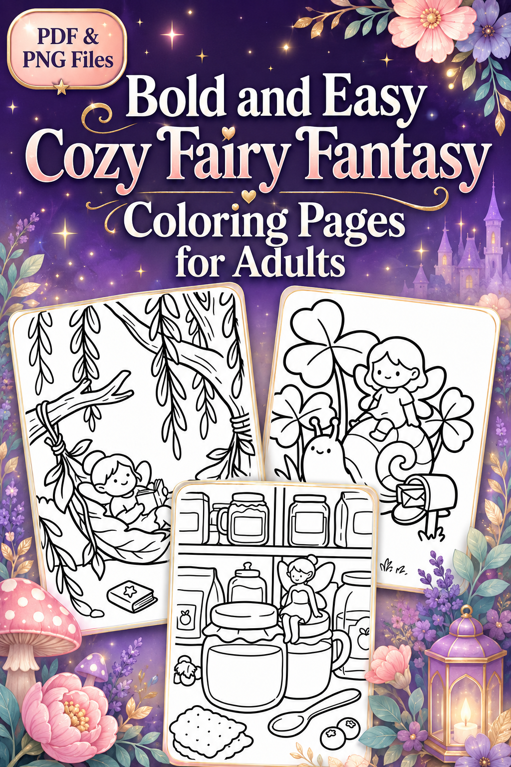 Bold and Easy Cozy Fairy Fantasy Coloring Pages for Adults (Set 1)