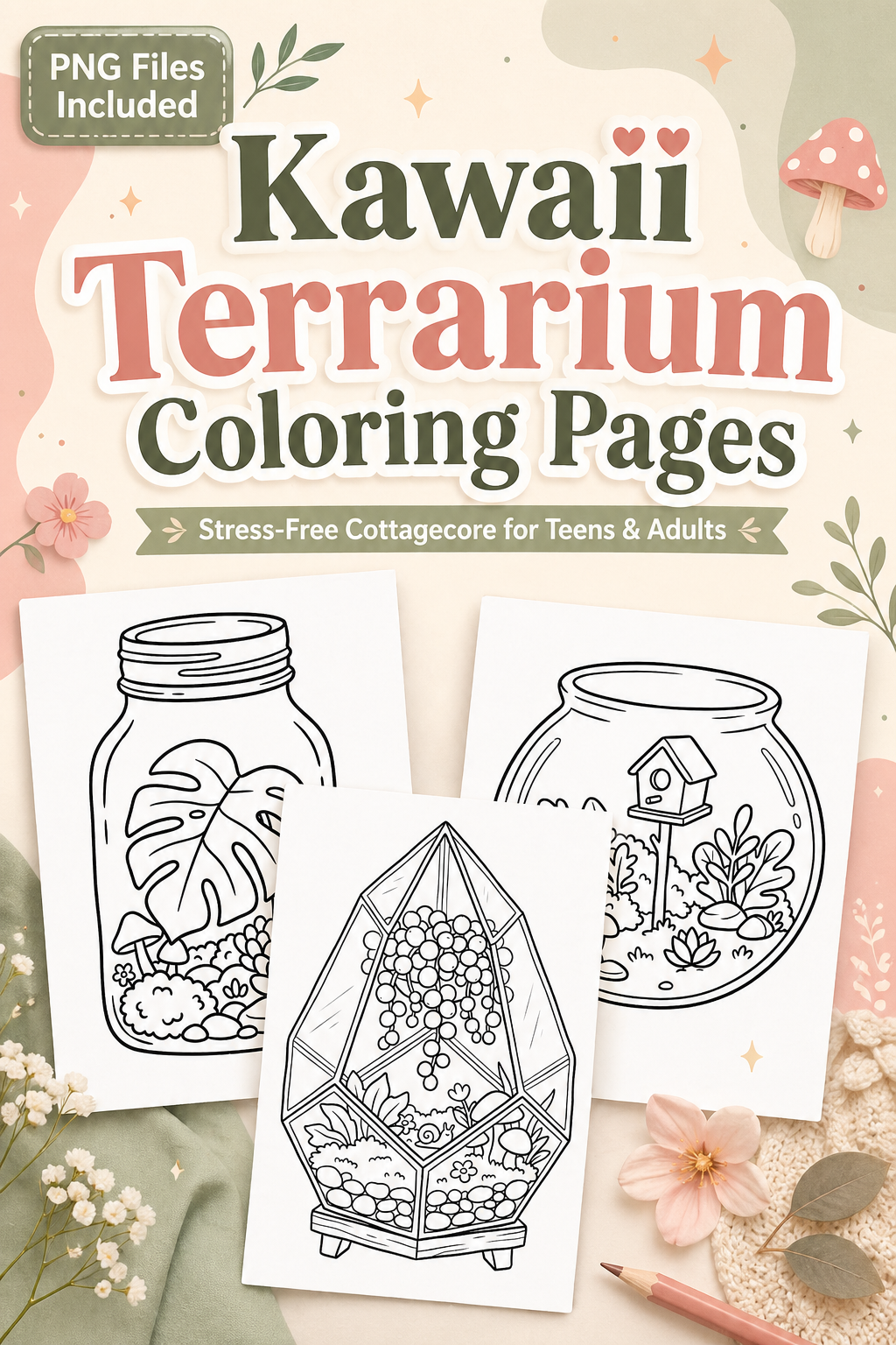 Kawaii Terrarium Coloring Pages: Stress-Free Cottagecore for Adults & Teens