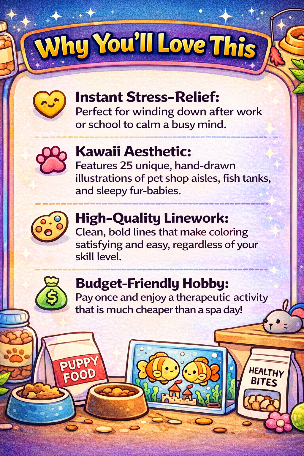 Cozy Pet Store Kawaii Coloring Pages | 25 Stress-Relief PDF Printables