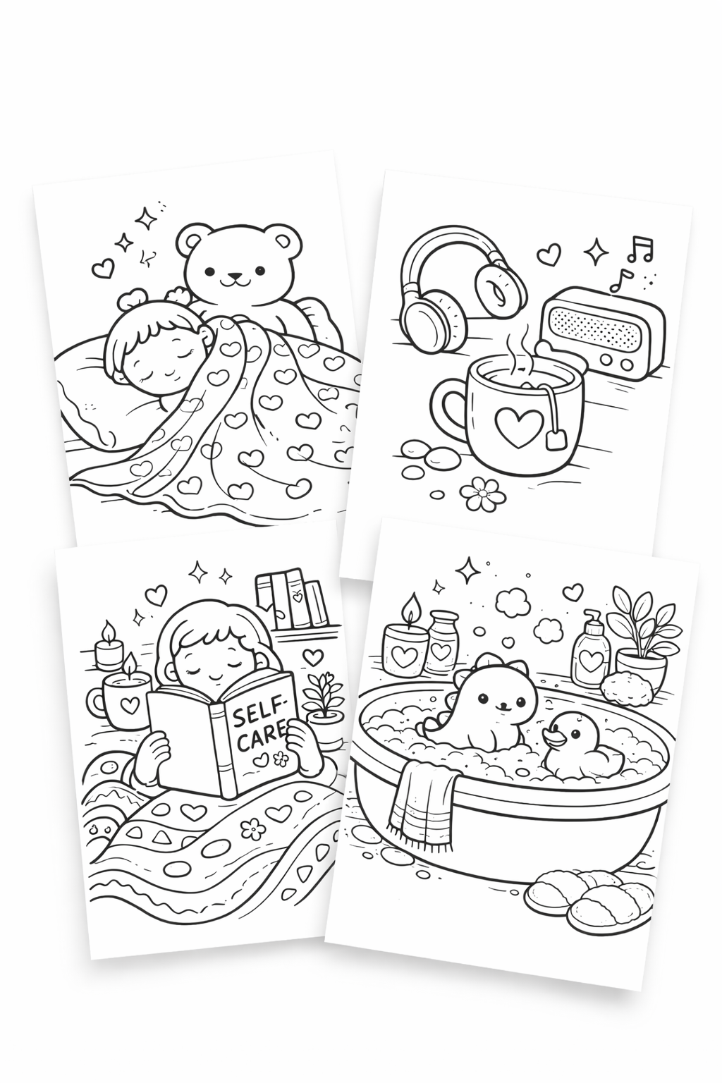 Cozy Coloring Pages for Stress-Relief | 25 Kawaii Self Care PDF Printables