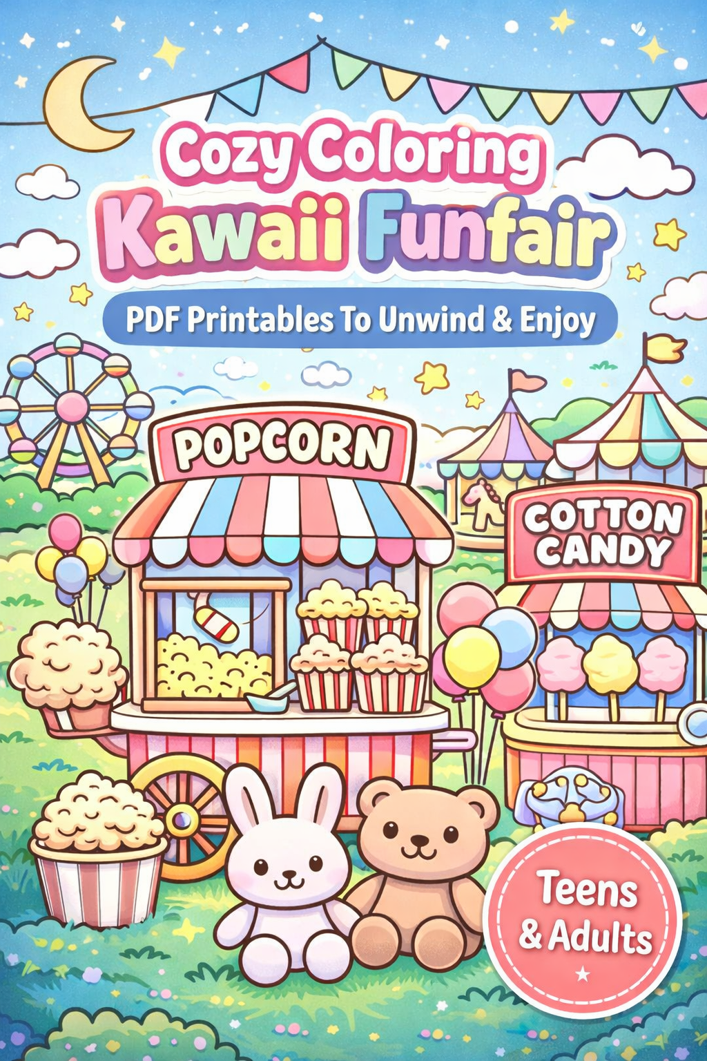 Cozy Coloring Kawaii Funfair | PDF Printables for Stress Relief & Joy
