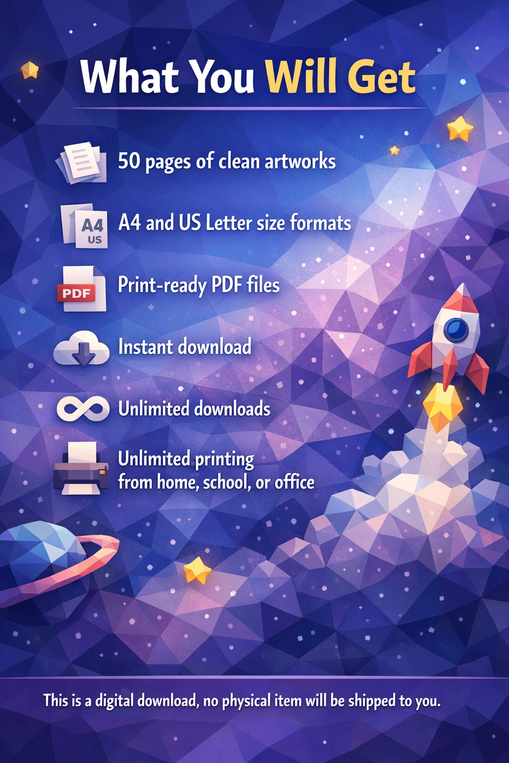 Low Poly Space Coloring Pages PDF | 50 Relaxing Printable Scenes
