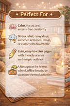 Cozy Library Kawaii Coloring Pages | Stress-Relief PDF Printables