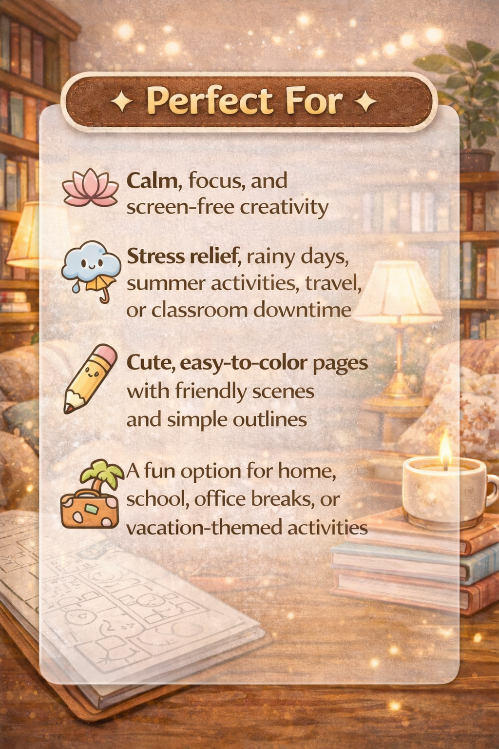 Cozy Library Kawaii Coloring Pages | Stress-Relief PDF Printables