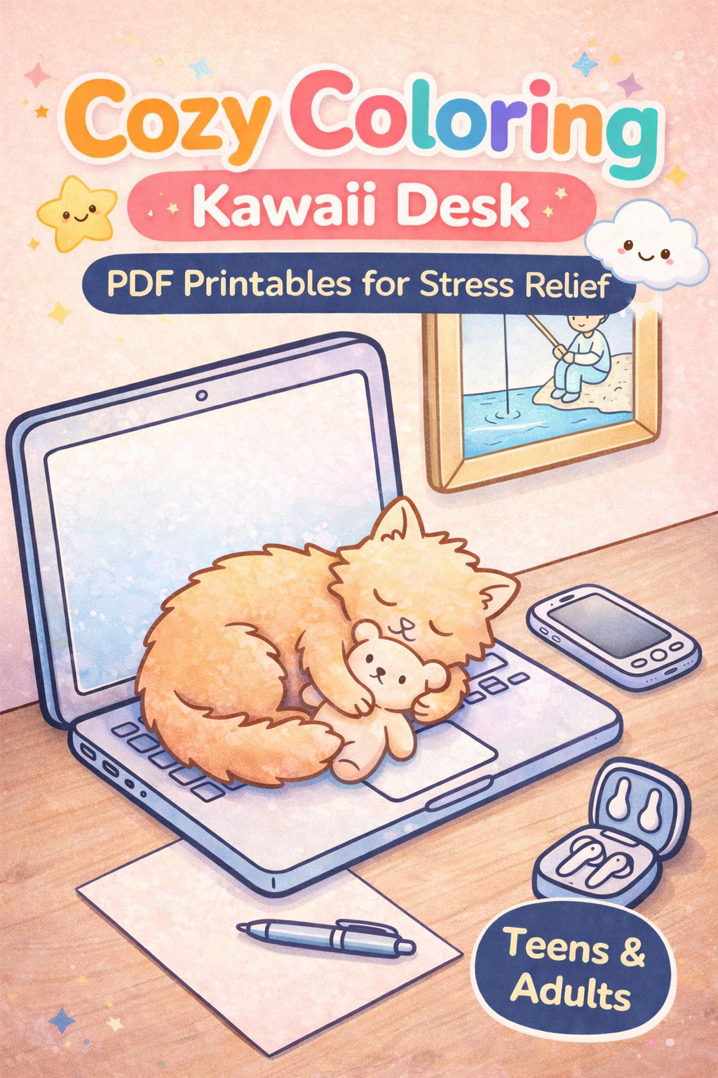 Cozy Coloring Kawaii Desk PDF | Stress-Relief for Your Workspace