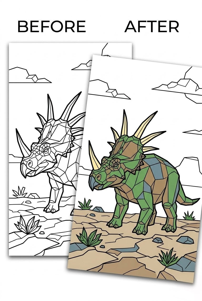 Low Poly Coloring Pages: 35 Geometric Dinosaur PDF Printables for Teens & Adults