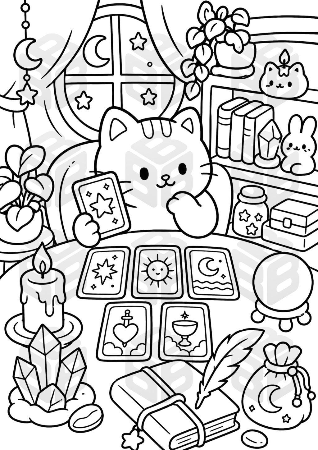 Witchy Cat Coloring Pages for Adults | Cozy Kawaii PDF