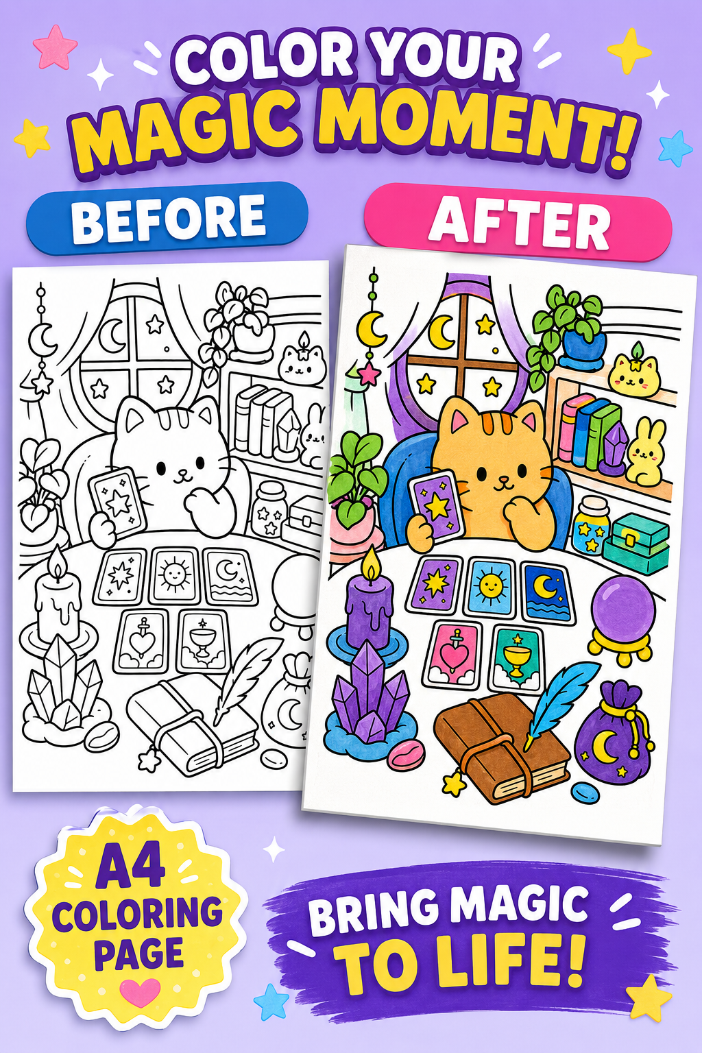 Witchy Cat Coloring Pages for Adults | Cozy Kawaii PDF