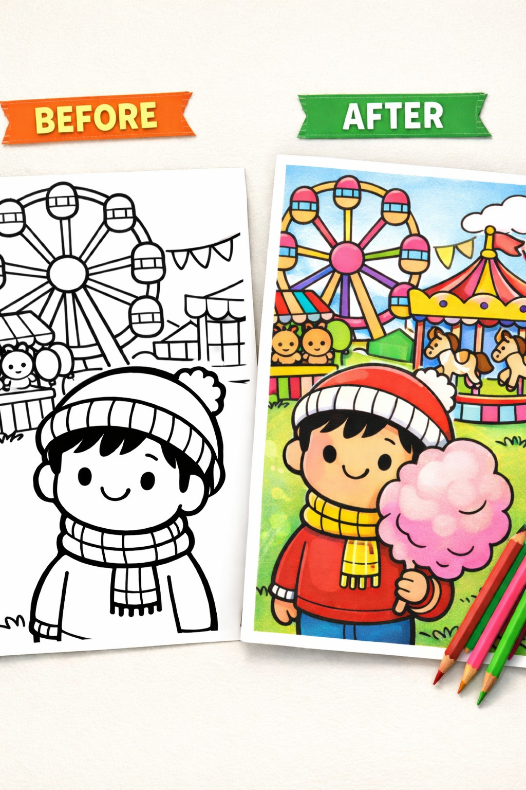 Cozy Coloring Kawaii Funfair | PDF Printables for Stress Relief & Joy